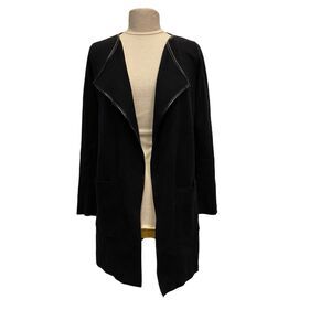 Ann Taylor Duster Waterfall Black Wool Long Sleeve Leather Trim Pockets New S